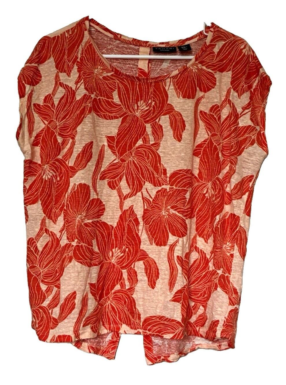 Tahari Women's XL Orange Beige Floral 100% Linen Cap Sleeve Blouse